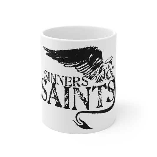 11oz White Ceramic  Mug - Black Sinners & Saints Logo - PRE-ORDER